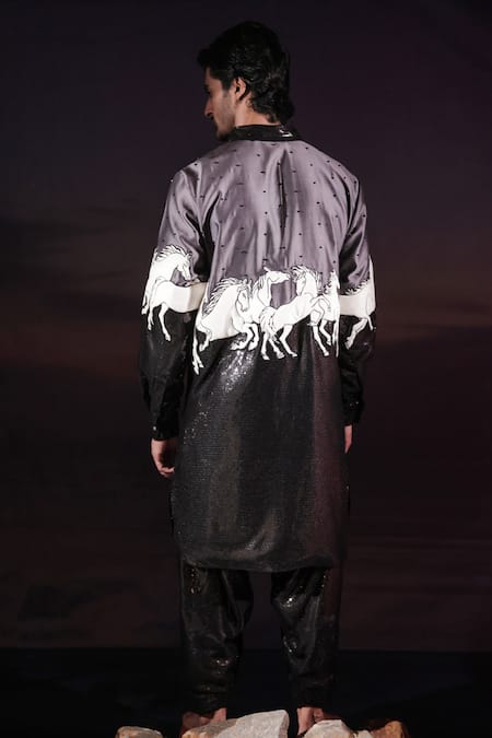 Jubinav Chadha Running Horses Quilted Patchwork Pathani Kurta Set 