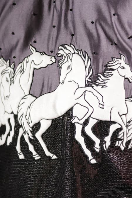 Buy_Jubinav Chadha_Black Georgette, Velvet, Cotton, Silk Running Horses Quilted Pathani Kurta Set 