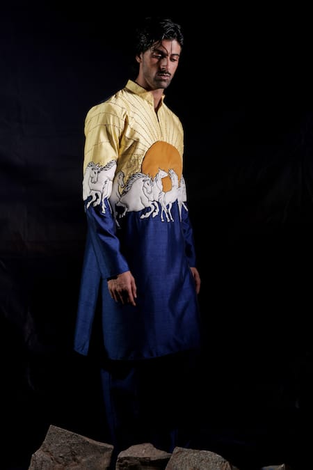 Jubinav Chadha_Blue Dupion, Velvet, Suede Patchwork, Running Horses Quilted Kurta Set _Online_at_Aza_Fashions