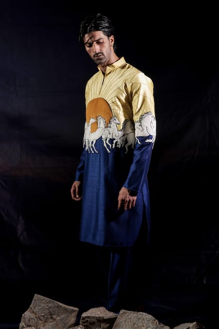 Buy_Jubinav Chadha_Blue Dupion, Velvet, Suede Patchwork, Running Horses Quilted Kurta Set _Online_at_Aza_Fashions