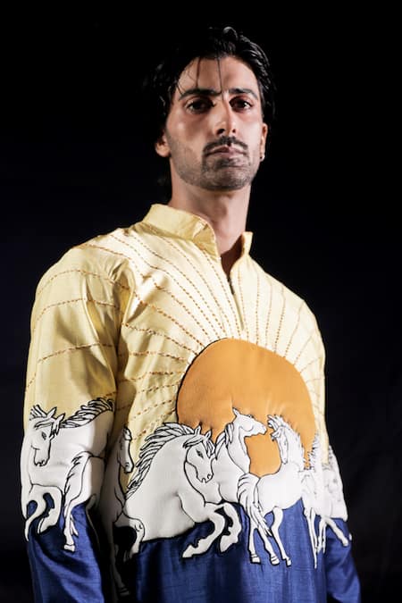 Shop_Jubinav Chadha_Blue Dupion, Velvet, Suede Patchwork, Running Horses Quilted Kurta Set _Online_at_Aza_Fashions