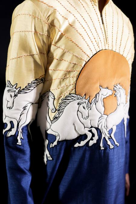Jubinav Chadha_Blue Dupion, Velvet, Suede Patchwork, Running Horses Quilted Kurta Set _at_Aza_Fashions