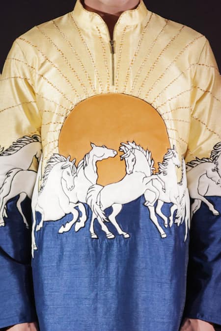 Buy_Jubinav Chadha_Blue Dupion, Velvet, Suede Patchwork, Running Horses Quilted Kurta Set 