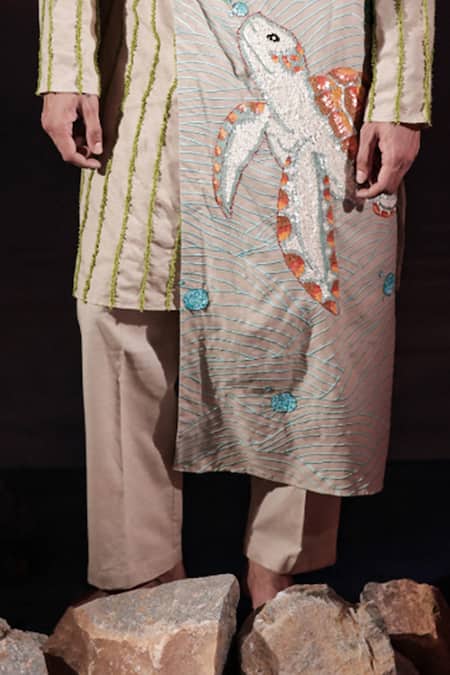 Buy_Jubinav Chadha_Beige Linen, Cotton Embroidery, Sequins Cowl Paneled Kurta And Pant Set _Online_at_Aza_Fashions