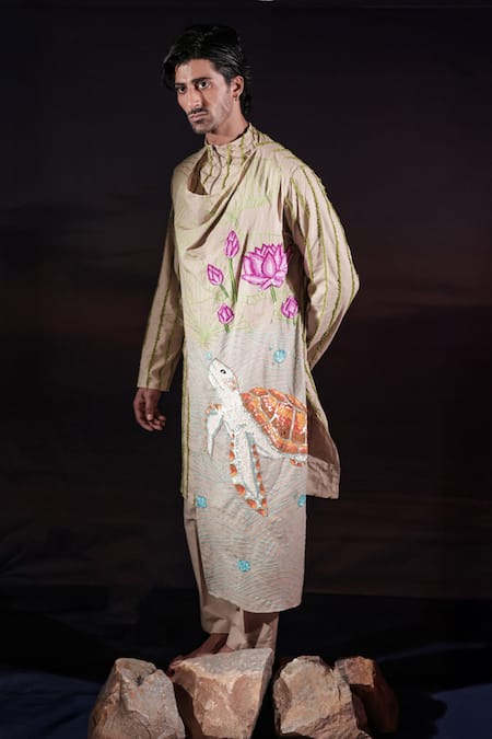 Shop_Jubinav Chadha_Beige Linen, Cotton Embroidery, Sequins Cowl Paneled Kurta And Pant Set _Online_at_Aza_Fashions