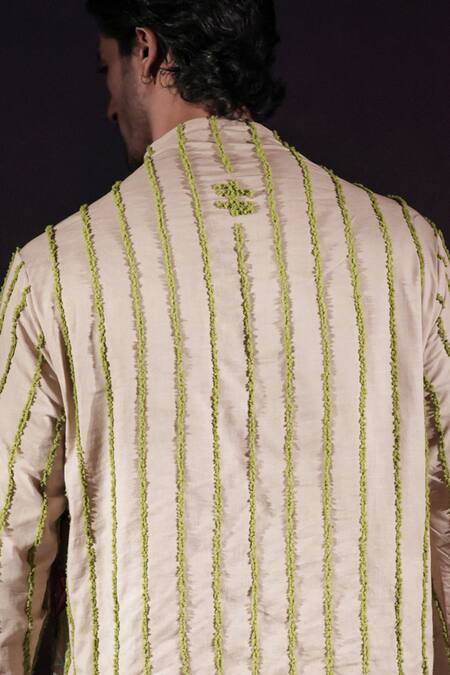 Jubinav Chadha_Beige Linen, Cotton Embroidery, Sequins Cowl Paneled Kurta And Pant Set _at_Aza_Fashions