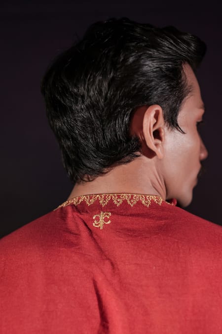 Jubinav Chadha_Orange Cotton, Silk, Tissue Embroidery, Zari Turtle And Lotus Kurta Set _Online_at_Aza_Fashions