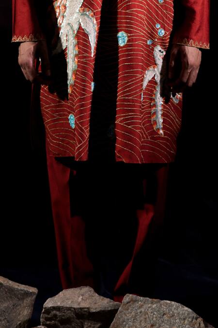 Buy_Jubinav Chadha_Orange Cotton, Silk, Tissue Embroidery, Zari Turtle And Lotus Kurta Set _Online_at_Aza_Fashions