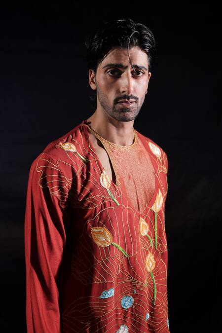 Jubinav Chadha_Orange Cotton, Silk, Tissue Embroidery, Zari Turtle And Lotus Kurta Set _at_Aza_Fashions