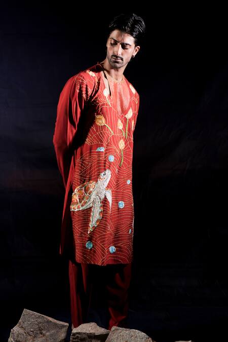 Buy_Jubinav Chadha_Orange Cotton, Silk, Tissue Embroidery, Zari Turtle And Lotus Kurta Set 