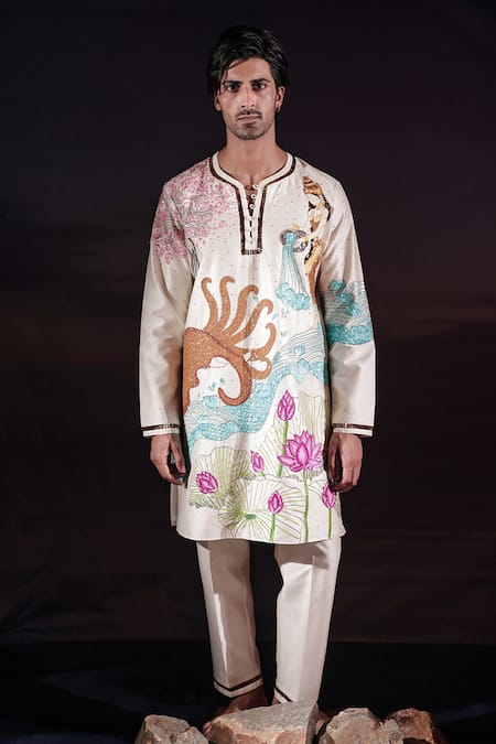 Buy_Jubinav Chadha_Ivory Silk, Silk, Storytelling Motif Kurta And Pant Set 
