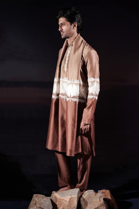 Buy_Jubinav Chadha_Brown Silk, Silk, Colorblocked Kurta Set With Stole _Online_at_Aza_Fashions