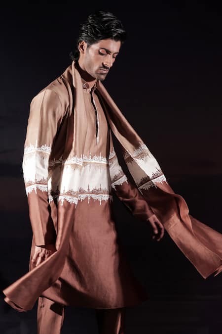 Jubinav Chadha_Brown Silk, Silk, Colorblocked Kurta Set With Stole _at_Aza_Fashions