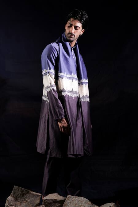 Shop_Jubinav Chadha_Blue Chanderi Silk Embroidery Kurta Set _Online_at_Aza_Fashions