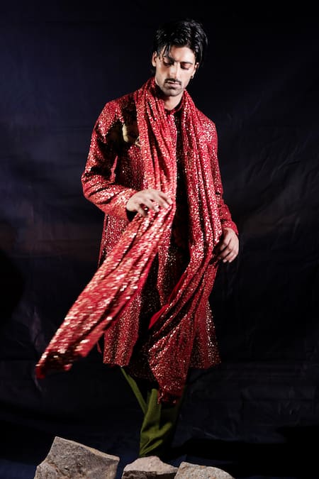 Jubinav Chadha_Red Georgette Patchwork, Sequins Floral And Kurta Set _Online_at_Aza_Fashions