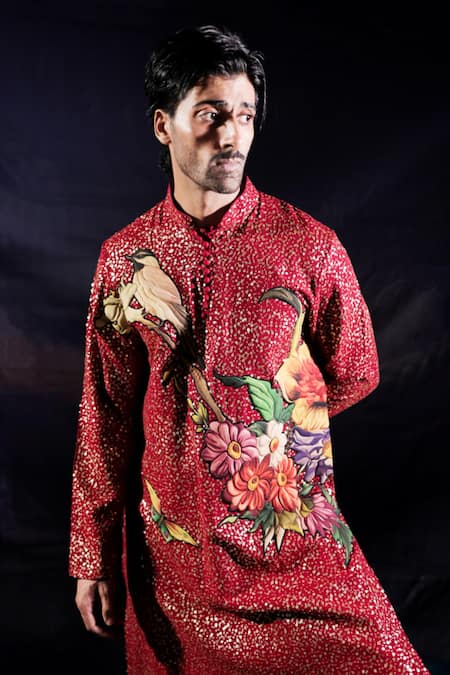 Jubinav Chadha_Red Georgette Patchwork, Sequins Floral And Kurta Set _at_Aza_Fashions