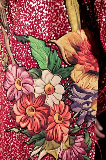 Buy_Jubinav Chadha_Red Georgette Patchwork, Sequins Floral And Kurta Set 