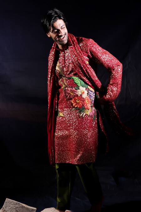 Shop_Jubinav Chadha_Red Georgette Patchwork, Sequins Floral And Kurta Set 