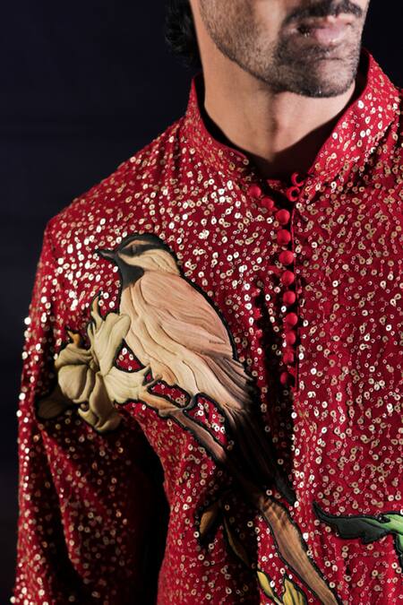 Shop_Jubinav Chadha_Red Georgette Sequins, Patchwork And Kurta & Pant Set _Online_at_Aza_Fashions