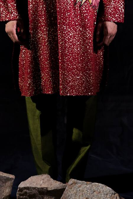 Jubinav Chadha_Red Georgette Sequins, Patchwork And Kurta & Pant Set _at_Aza_Fashions