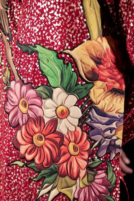 Shop_Jubinav Chadha_Red Georgette Sequins, Patchwork And Kurta & Pant Set 