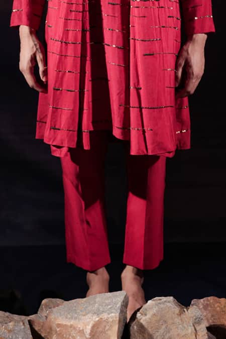 Jubinav Chadha_Red Silk Embroidery, Sequins, Crystals Linear Pattern Kurta Set _Online_at_Aza_Fashions