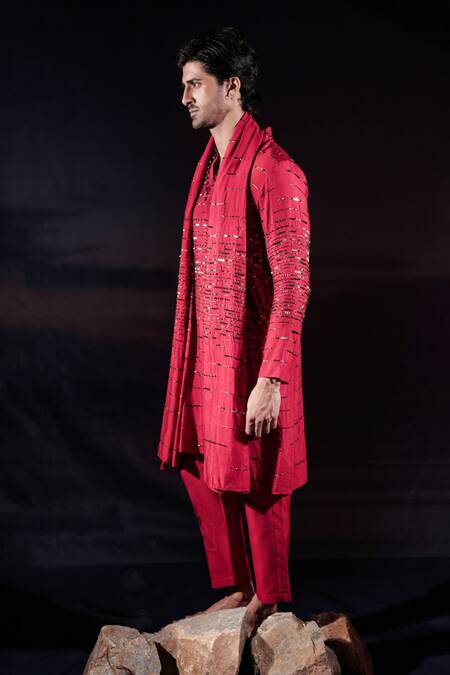 Buy_Jubinav Chadha_Red Silk Embroidery, Sequins, Crystals Linear Pattern Kurta Set _Online_at_Aza_Fashions