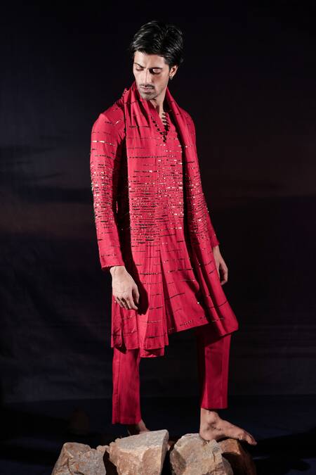 Shop_Jubinav Chadha_Red Silk Embroidery, Sequins, Crystals Linear Pattern Kurta Set _Online_at_Aza_Fashions