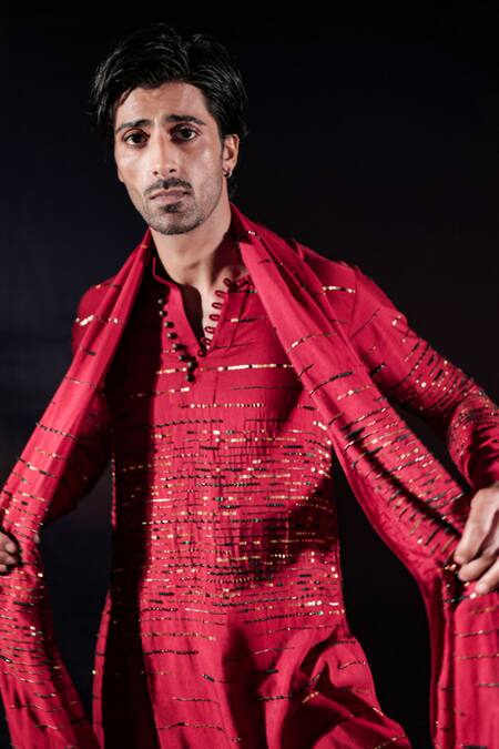 Jubinav Chadha_Red Silk Embroidery, Sequins, Crystals Linear Pattern Kurta Set _at_Aza_Fashions