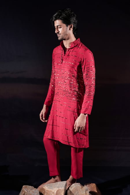 Jubinav Chadha_Red Silk Sequins, Crystals Linear And Embroidered Kurta Set _Online_at_Aza_Fashions