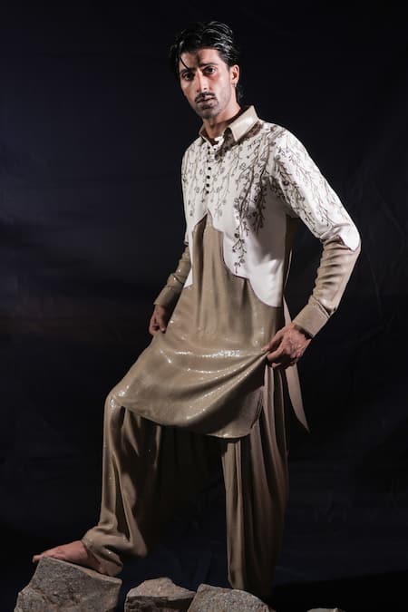 Jubinav Chadha_Beige Georgette, Silk Embroidery, Sequins Pathani Kurta And Salwar Set _Online_at_Aza_Fashions