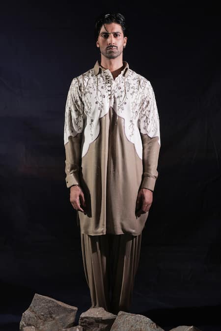 Buy_Jubinav Chadha_Beige Georgette, Silk Embroidery, Sequins Pathani Kurta And Salwar Set _Online_at_Aza_Fashions