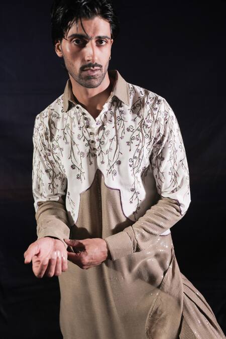 Shop_Jubinav Chadha_Beige Georgette, Silk Embroidery, Sequins Pathani Kurta And Salwar Set _Online_at_Aza_Fashions