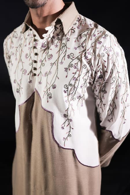 Jubinav Chadha_Beige Georgette, Silk Embroidery, Sequins Pathani Kurta And Salwar Set _at_Aza_Fashions