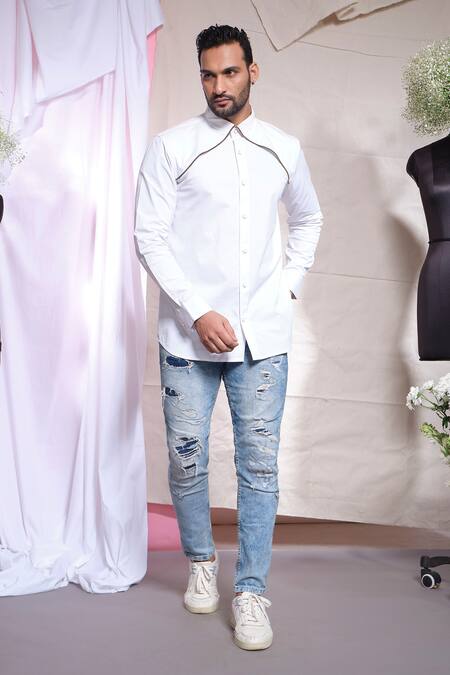 Echke_White Cotton, Canvas Zara Zip Loki Shirt _Online_at_Aza_Fashions
