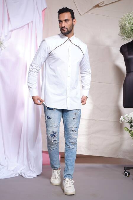 Buy_Echke_White Cotton, Canvas Zara Zip Loki Shirt _Online_at_Aza_Fashions