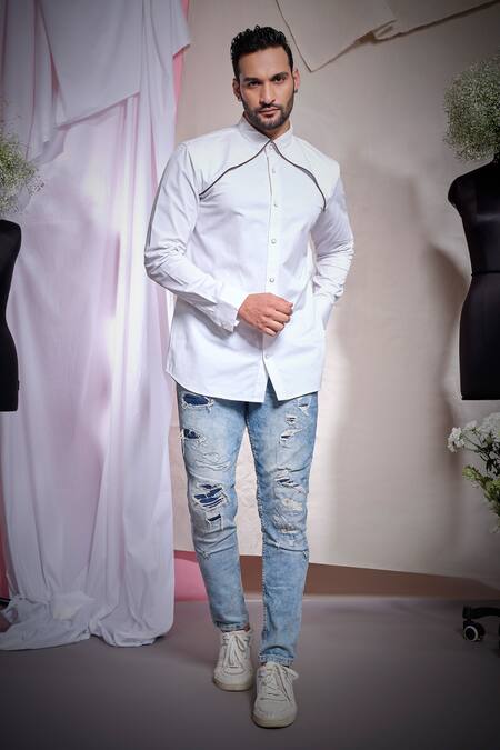 Echke_White Cotton, Canvas Zara Zip Loki Shirt _at_Aza_Fashions