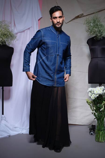 Echke_Blue Denim Embroidery Stitchline Thread Shirt _Online_at_Aza_Fashions