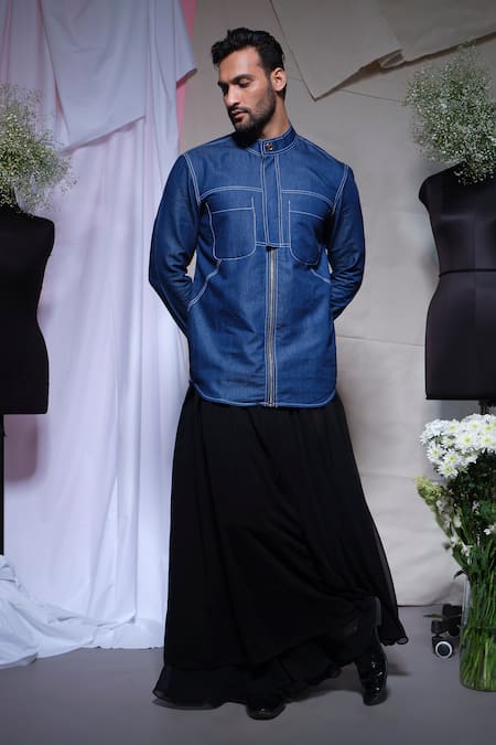 Buy_Echke_Blue Denim Embroidery Stitchline Thread Shirt _Online_at_Aza_Fashions