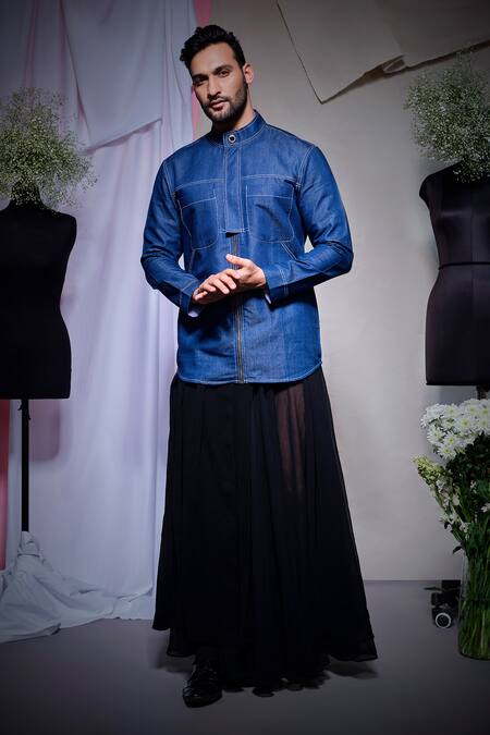 Shop_Echke_Blue Denim Embroidery Stitchline Thread Shirt _Online_at_Aza_Fashions