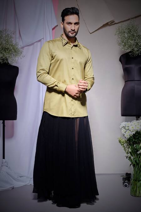 Echke_Olive Green Cotton Studs Moss Pearl Lycra Shirt _Online_at_Aza_Fashions