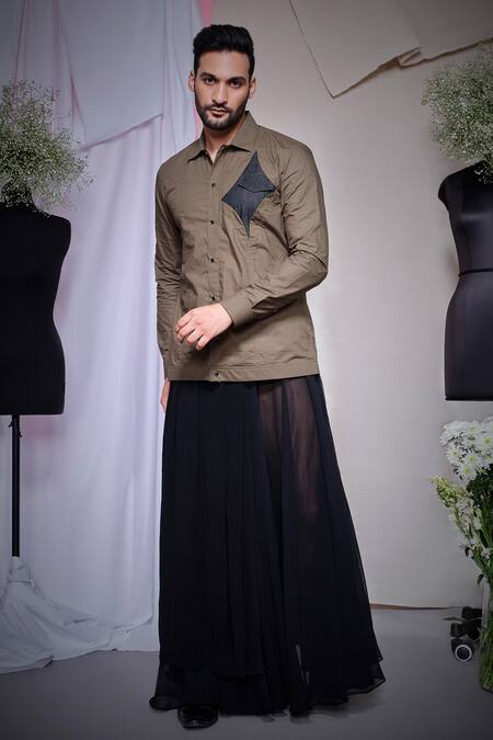 Echke Olive Green Cotton Patchwork Zara Shacket Online at Aza Fashions Echke_Olive Green Cotton Patchwork Zara Shacket _Online_at_Aza_Fashions