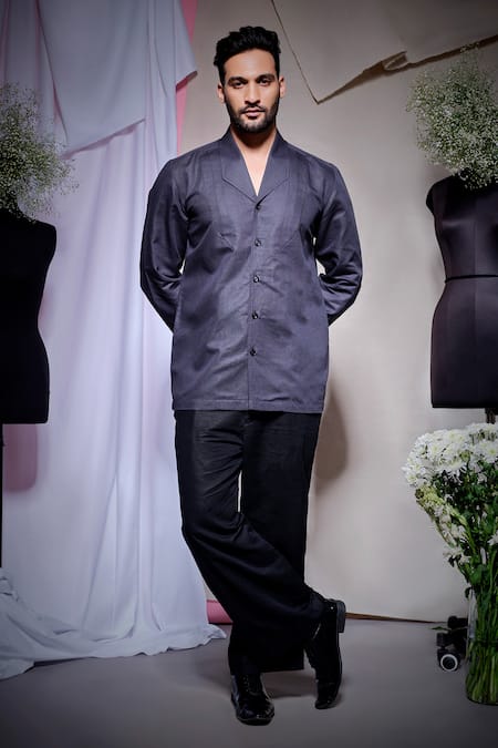 Echke Charcoal Grey Linen Uneven Cone Shirt 