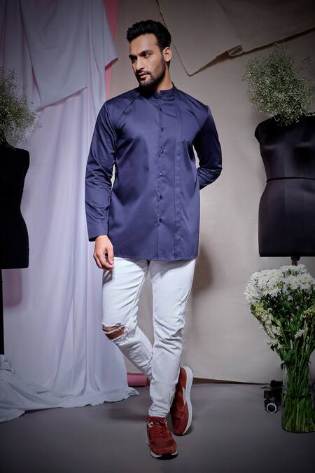 Echke_Blue Viscose, Rayon Chinese Collar Shirt _Online_at_Aza_Fashions