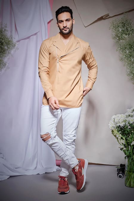 Echke_Beige Cotton Khaki One Side Flap Shirt _Online_at_Aza_Fashions