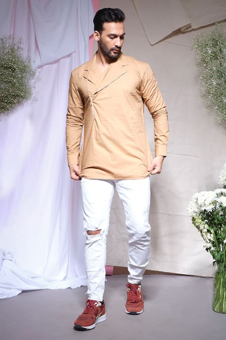 Echke_Beige Cotton Khaki One Side Flap Shirt _at_Aza_Fashions