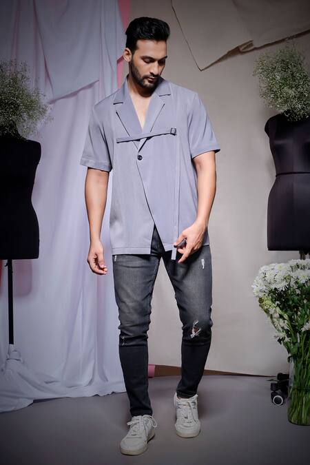 Echke_Gray Viscose, Rayon Buckles Grey Scuba Half Sleeve Shirt _Online_at_Aza_Fashions