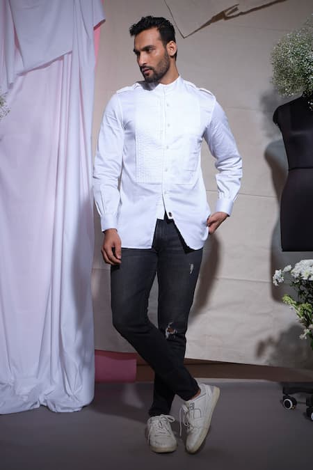 Echke_White Cotton Front Pleated Patch Pocket Shirt _Online_at_Aza_Fashions