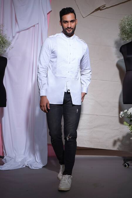 Buy_Echke_White Cotton Front Pleated Patch Pocket Shirt _Online_at_Aza_Fashions