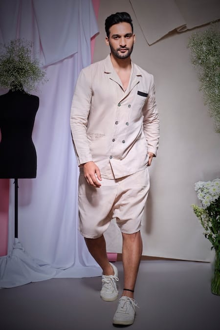 Echke Ecru Linen Blazer Shirt With Cowl Shorts 